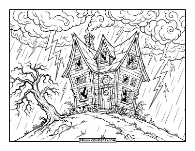 Thunderstorm Raging Over a Haunted House coloring page preview