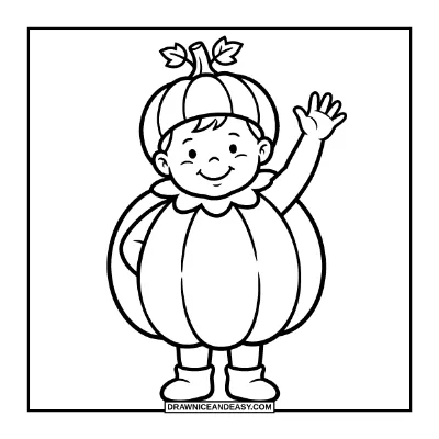 Toddler in a Pumpkin Costume coloring page preview