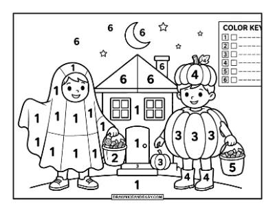 Trick-or-Treat Color by Number Coloring Page coloring page preview