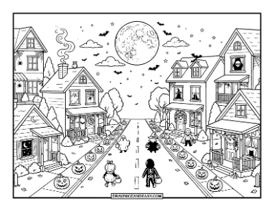 Trick-or-Treat Night Street Scene coloring page preview