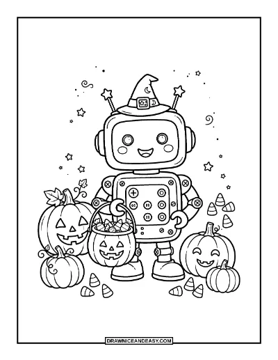 Trick-or-Treat Robot Coloring Page coloring page preview