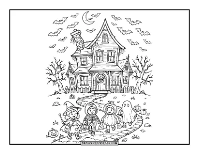 Trick-or-Treaters Approaching a Spooky House coloring page preview