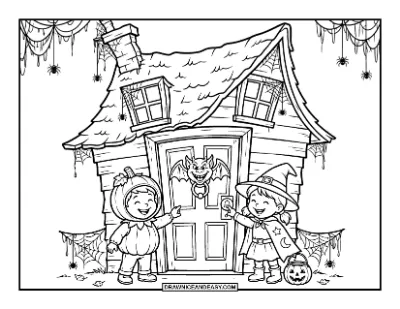 Trick-or-Treating at a Haunted House Door coloring page preview