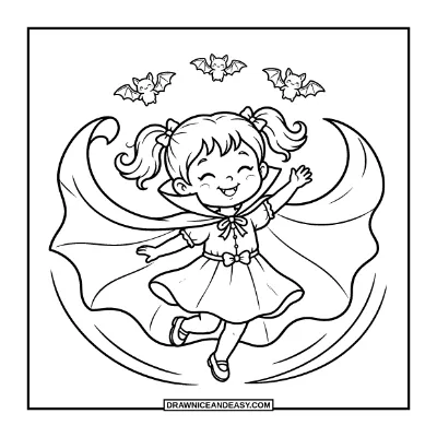 Vampire Girl with a Swirling Cape coloring page preview
