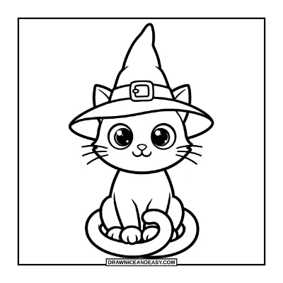 Witch Cat with a Hat Coloring Page coloring page preview