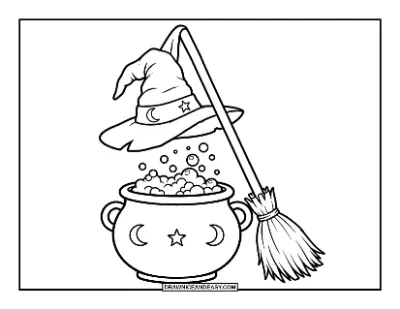 Witch Cauldron, Broom, and Hat Still Life Coloring Page coloring page preview