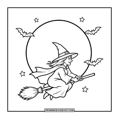 Witch Flying Across a Full Moon Coloring Page coloring page preview
