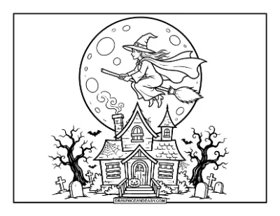 Witch Flying Over Haunted House Coloring Page coloring page preview