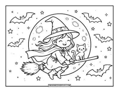 Witch Flying Past the Moon Coloring Page coloring page preview