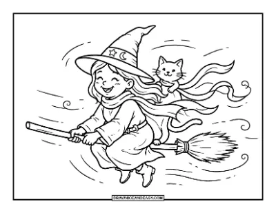 Witch Flying with Her Cat Coloring Page coloring page preview