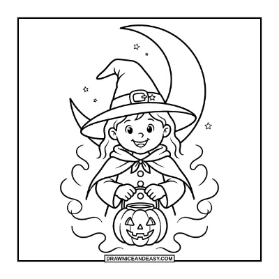 Witch Holding a Pumpkin Lantern Coloring Page coloring page preview