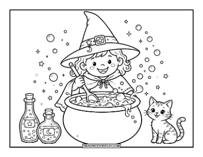 Witch Stirring Cauldron Coloring Page coloring page preview