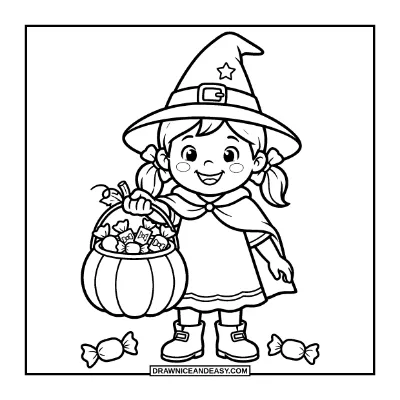 Witch Trick-or-Treating with a Candy Bucket Coloring Page coloring page preview