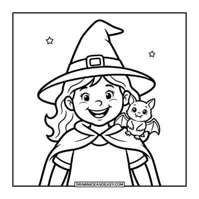 Witch with a Bat on Her Shoulder Coloring Page coloring page preview