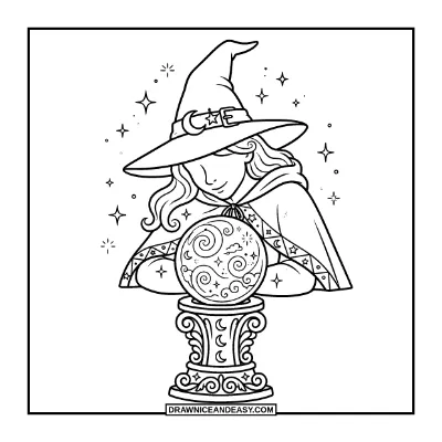 Witch with a Crystal Ball Coloring Page coloring page preview
