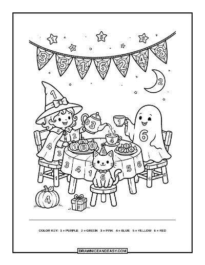 Witch's Tea Party Color by Number Coloring Page coloring page preview