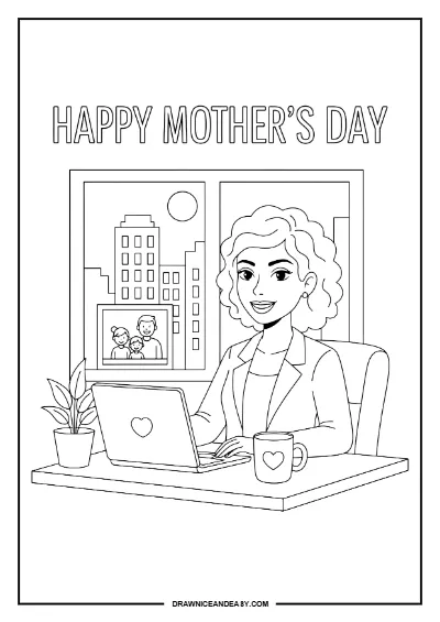Working Mom Home Office Mother's Day Coloring Page – Free PDF coloring page preview